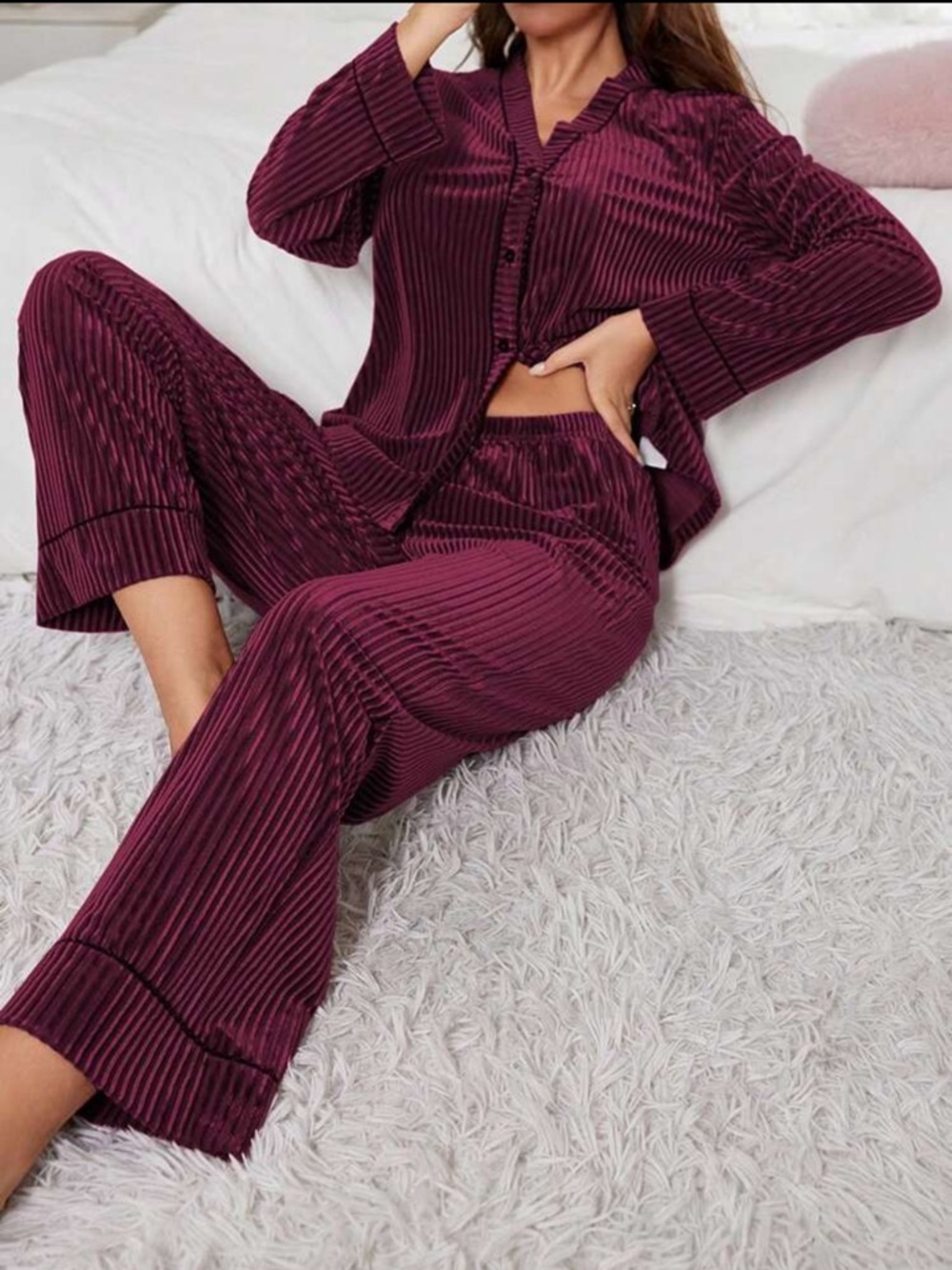 SHEIN Burgundy Ribbed Velvet Pajama Set